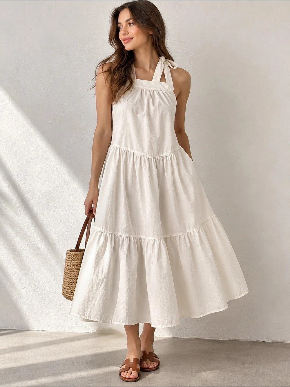 Easel Tiered Midi Dress in White Size Small